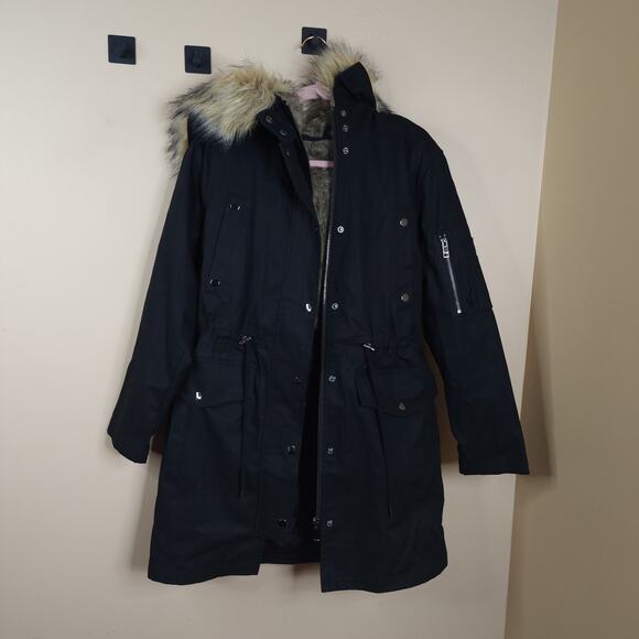 ASOS Faux Fur Hood Drawstring Parka Coat in Black Size 6 - Picture 11 of 15